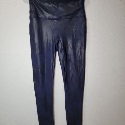 Spanx Women's Navy Blue Leggings Size Large Faux Leather Shiny